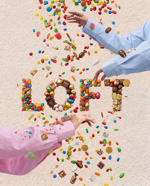 Brand lettering built from sweets. Typographic scene