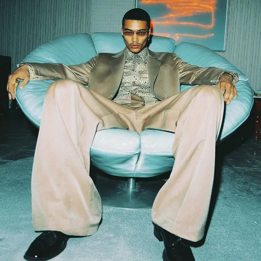 Cream suit on a turquoise sofa. Editorial fashion frame