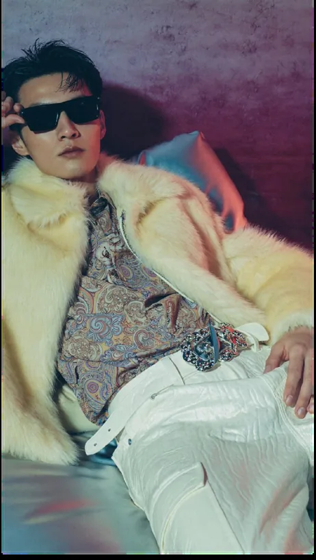 Portrait of a man in a fur coat. Experimental perspective