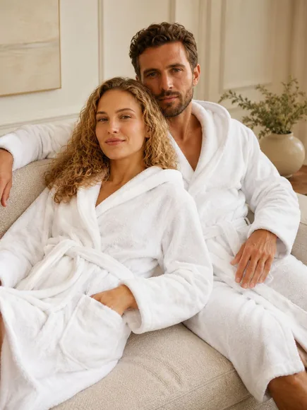 Couple in bathrobes in a living room. Lifestyle scene