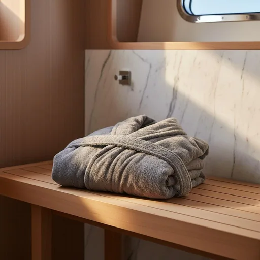 Folded bathrobe in a marble bathroom. Product detail