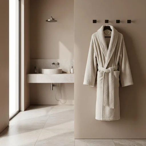 Bathrobe hanging in a bathroom. Product visualisation