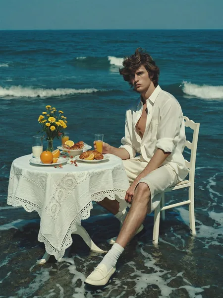 Breakfast scene by the sea. Lifestyle set