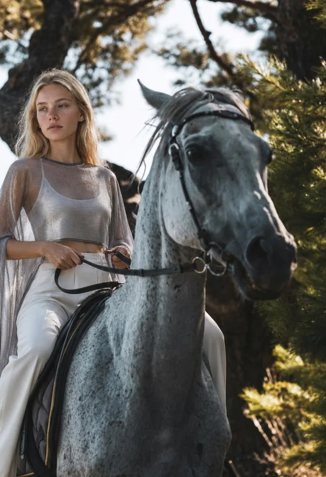 Model on horseback in a forest. TCM Global AI editorial image